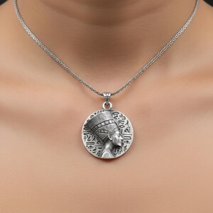 Silver Queen Nefertiti Charm Egyptian Hieroglyphs Pendant Ankh Women's Necklace Memorial Birthday Gift For Her Mother's Day Gift Oxidized Finish