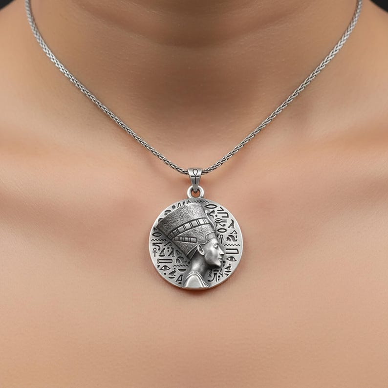 Silver Queen Nefertiti Charm Egyptian Hieroglyphs Pendant Ankh Women's Necklace Memorial Birthday Gift For Her Mother's Day Gift Oxidized Finish