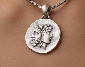Silver Ancient Janus Coin Pendant, Greek Janus Jewelry, Roman God Janus Necklace, Antique Coin Jewelry, Roman Necklace, Gift For Men