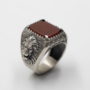 Lion Ring Men, Handmade Oxidized 925 Sterling Silver Gemstone Ring, Lion Signet Ring Men, Lion Head Ring, Animal Ring, Wedding Gift for Men