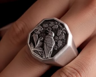 Anello in argento con corvo - Anello gotico "Nevermore" ispirato a Poe in argento Sterling 925, gioielli di Edgar Allan Poe, regalo per gli amanti della letteratura