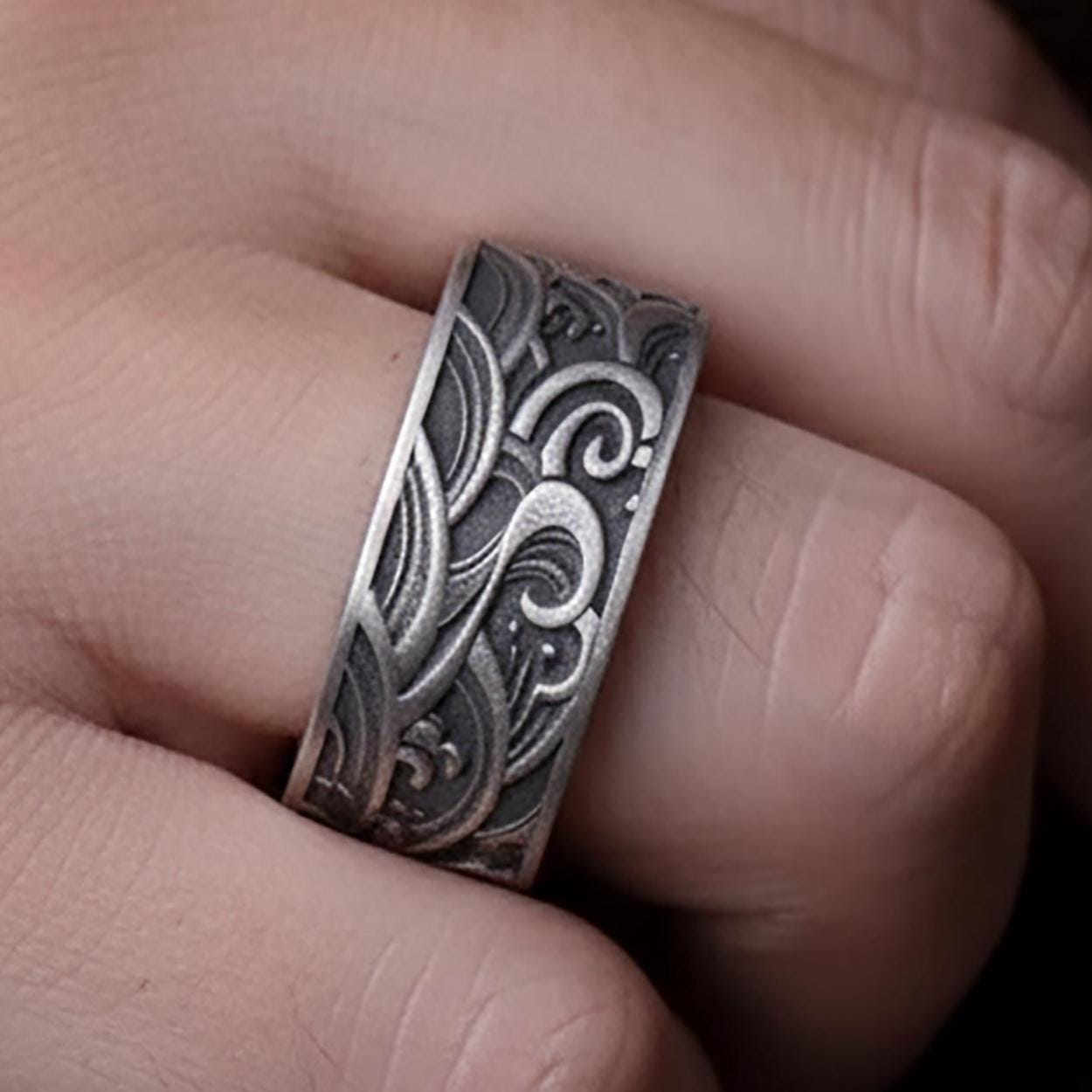 Sterling Silver Wave Ring, Unisex Handmade Band, Asian Mythology