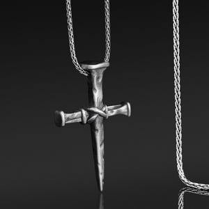 Rustic Nail Cross Necklace – 925 Silver Crucifix Pendant – Symbol of Faith & Sacrifice – Christian Gift for Him