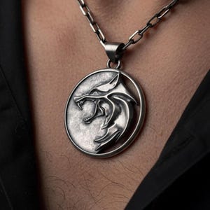 Sterling Silver Wolf Medallion, Monster Hunter Necklace, Fantasy Pendant