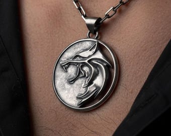 Sterling Silver Wolf Medallion, Monster Hunter Necklace, Fantasy Pendant