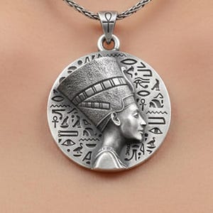 Silver Queen Nefertiti Charm Egyptian Hieroglyphs Pendant Ankh Women's Necklace Memorial Birthday Gift For Her Mother's Day Gift image 1