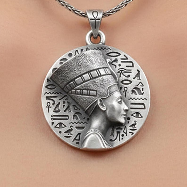Silver Queen Nefertiti Charm Egyptian Hieroglyphs Pendant Ankh Women's Necklace Memorial Birthday Gift For Her Mother's Day Gift image 1