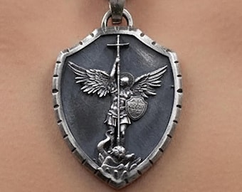 Sterling Silver St. Michael Shield Pendant – Archangel Defeats Satan Medal