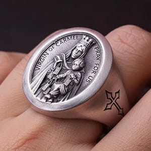 Anillo de sello Virgen del Carmen - Plata 925 Nuestra Señora del Monte Carmelo, Joyería de fe católica, Regalo de protección espiritual