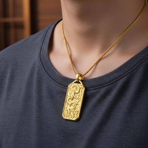 Chinese Dragon Pendant – Eastern Mythology Necklace for Men, Protection Amulet, Handcrafted Oxidized Silver Gift Gold Finish