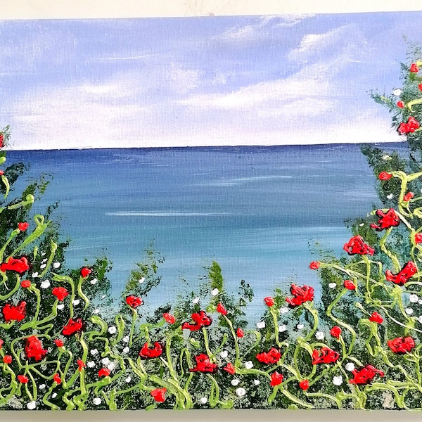 Original hand painted canvas. Textured Poppies with a calm sea view. Soft clouds in blue sky. Gallery wrapped so no need to frame.