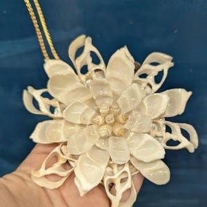 May include: White seashell Christmas ornament with a gold string for hanging. The ornament is made of many small seashells that are arranged in a flower shape. The seashells are glittery and have a white iridescent sheen.