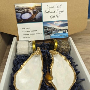 Oyster Shell salt and pepper gift set. Gozo Sea Salt, Brixham Oyster Shells. Seaside, Nautical, Home Decor, spoons