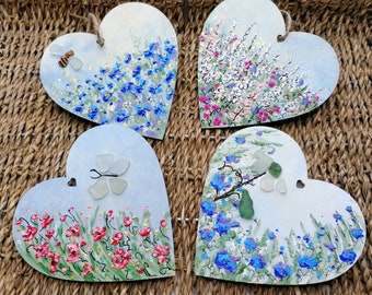 heart floral wood seaglass hanging pastel  acrylic handpainted flowers original artwork 10cm x 10cm