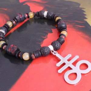 Mercyful Fate/King Diamond inspired MELISSA stretch bracelet w/ Leviathan Cross, Black Skulls, Lava Stone - Black/Traditional Metal