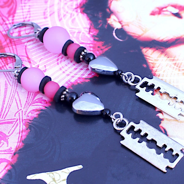 HIM - Razorblade Romance Dangle Earrings - Ville Valo/Neon Noir/Love Metal Jewelry/Gothic Earrings/Emo Razorblades/Right Here in Your Ear