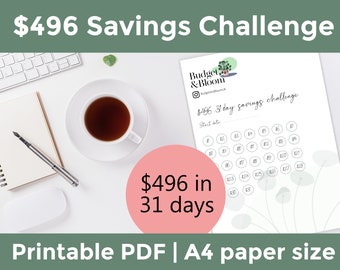 496 in 31days savings challenge | Printable PDF | Savings Goal | Savings Tracker