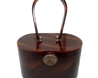 1950s Wilardy Lucite Box Bag: Faux Tortoise Shell Purse with Brass Mirror