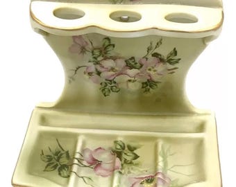 Vintage Antique Nippon Hand Painted Porcelain Toothbrush Holder Soap Dispenser Hanging Stationary