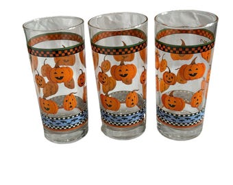 Debbie Mumm Halloween Water Highball Glasses Pumpkin Bat Jack O Lantern Vintage