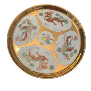 Japanese Dragon Phoenix Porcelain Serving Tray Gilt 3 Section Golden Plate Horsdoeuvres Appetizers Asian Vintage