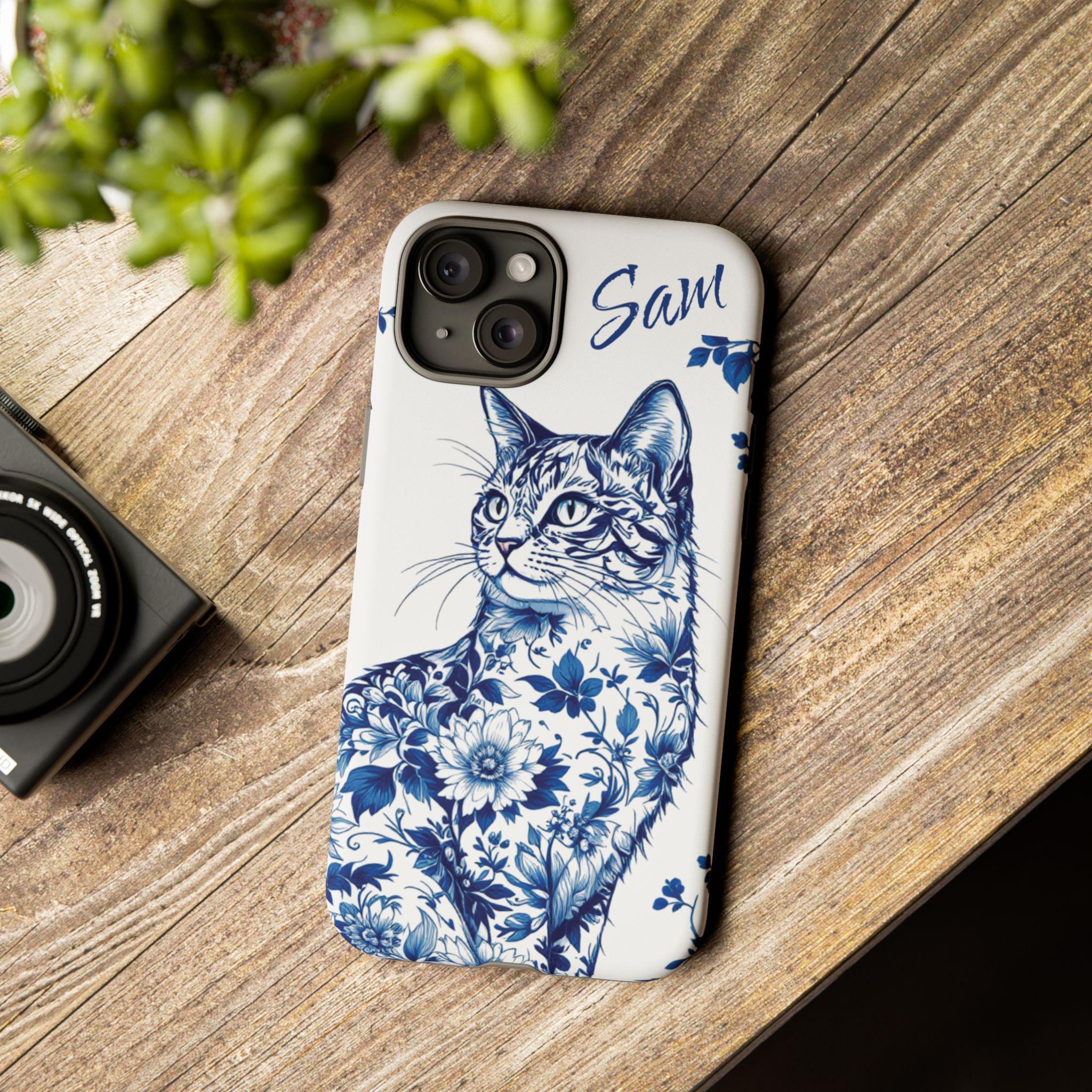 Chinoiserie Cat Lover Custom iPhone Case, Pet Owner Gift, Protective Phone Cover, Animal Portrait, Blue & White Floral Cat Art, Personalized