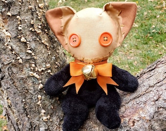 Silco The Black Cat, handmade soft plushie toy, black cat plushie, scary plushie, creepy doll