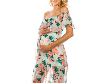 Dusty Prink, Mint Green Chffion Floral Print Open Sleeve Comfy elastic waist Maternity Gown for Baby Shower Photoshoots - Made in USA