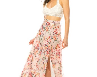 Dusty Prink Floral Print Side Slip Comfy Back elastic  High waist Maxi Skirt - Made in USA