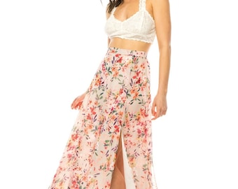 Floral Print Maxi Skirt: High Waist Chiffon Side Slit