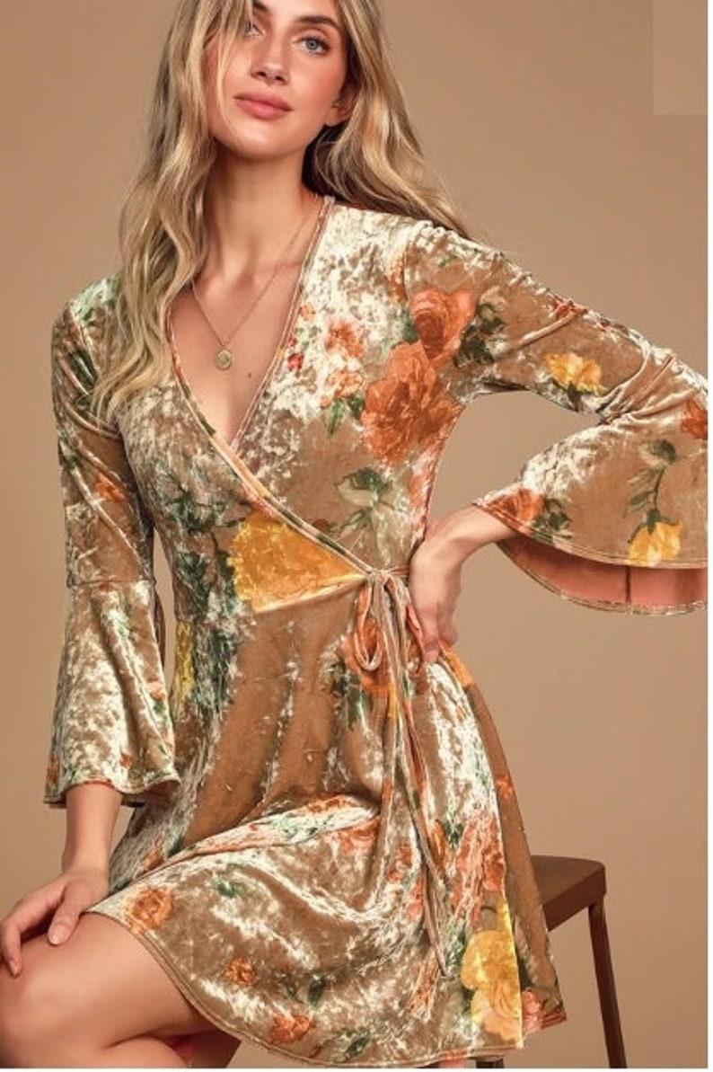 Floral Printed Velvet 3/4 Sleeve Wrap Mini Wrap Dress MADE IN U.S.A Etsy — free download