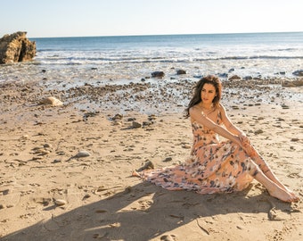 Maxi abito stringato con stampa floreale cipria da donna – Made in U.S.A