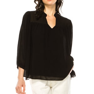 Oversize Pullover chiffon Blouse Top with Shirred Sleeves and Button Cuffs - Made in USA