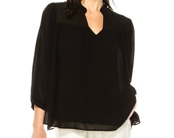 Oversize Pullover chiffon Blouse Top with Shirred Sleeves and Button Cuffs - Made in USA