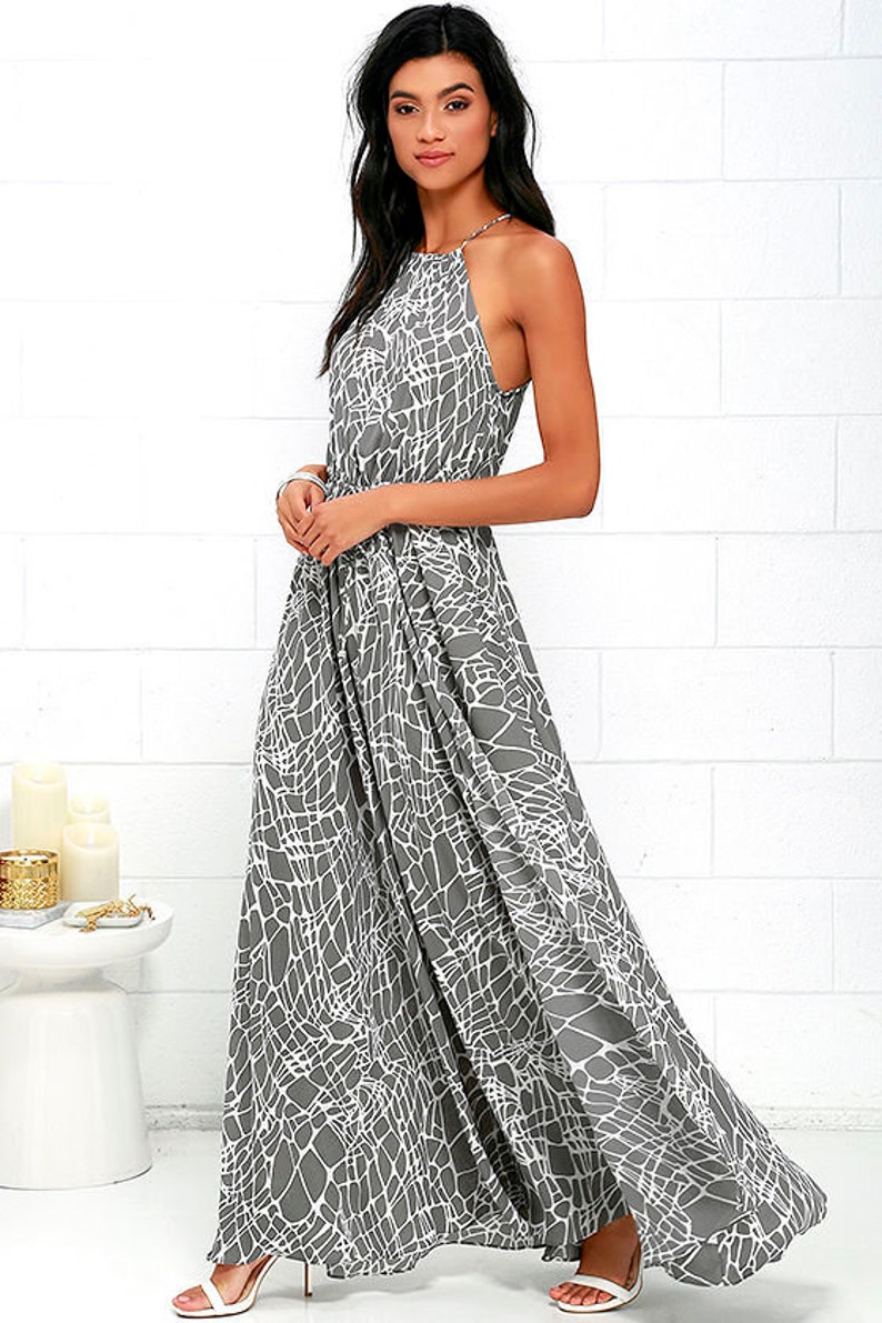 Solid Grey 3/4Th Sleeve Maxi Dress With Block Printed At Yoke main image 1