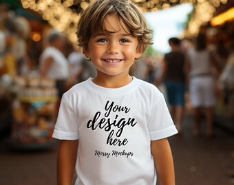 Maqueta Gildan 64000 blanca, Maqueta de camisa blanca Gildan, Maqueta de camiseta Gildan blanca para niño, Maqueta de camisa blanca lisa, Maqueta de niño masculino