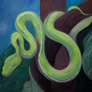 May include: A green snake with a silver glitter pattern is wrapped around a brown tree trunk. The snake's head is facing the viewer with a yellow eye. The background is a blue and green abstract design.