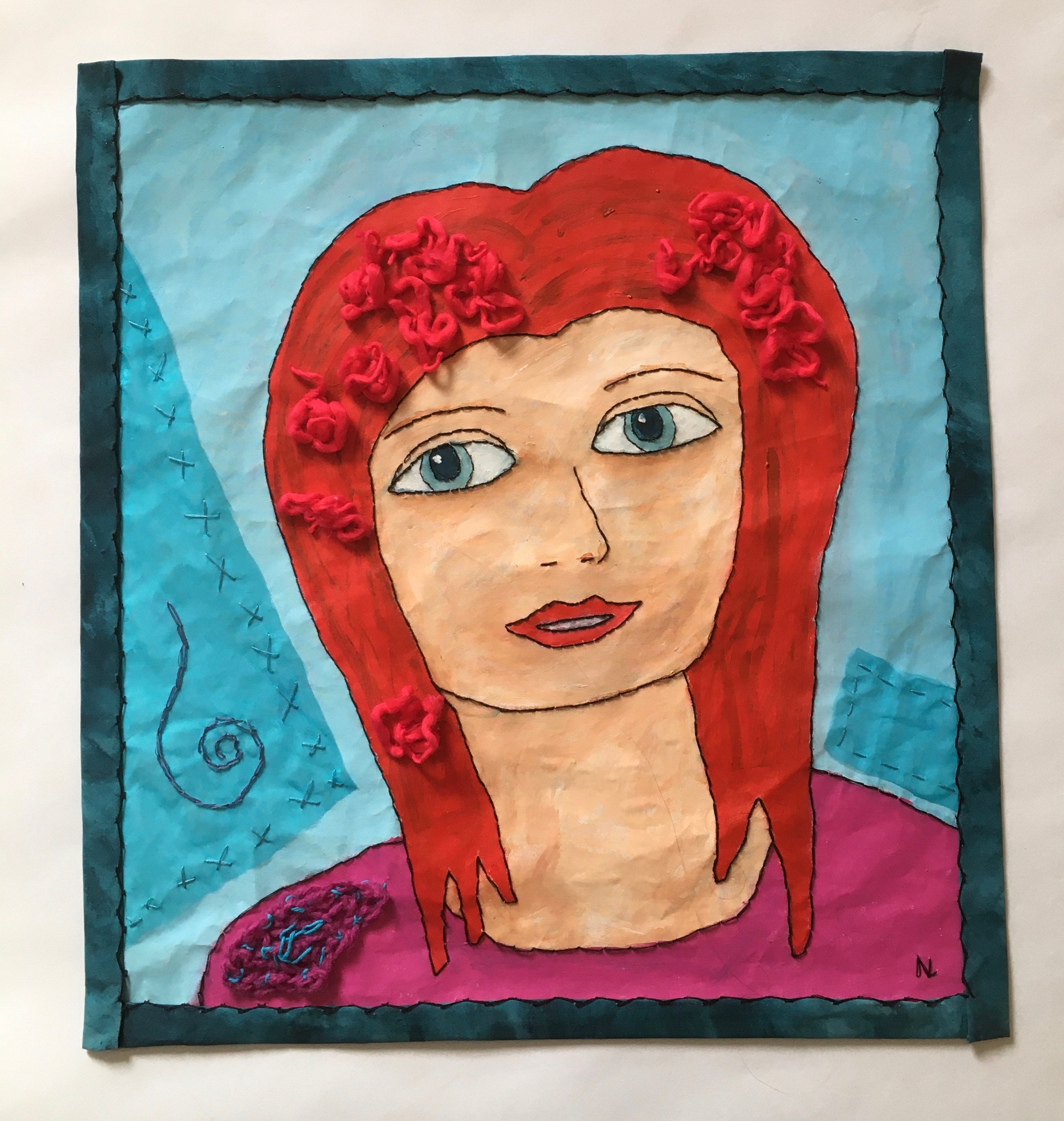 Dame en Bleu, Tenture Murale Colorée Faite à La Main, Peinture Acrylique Portrait Bleu Jaune Vert, A