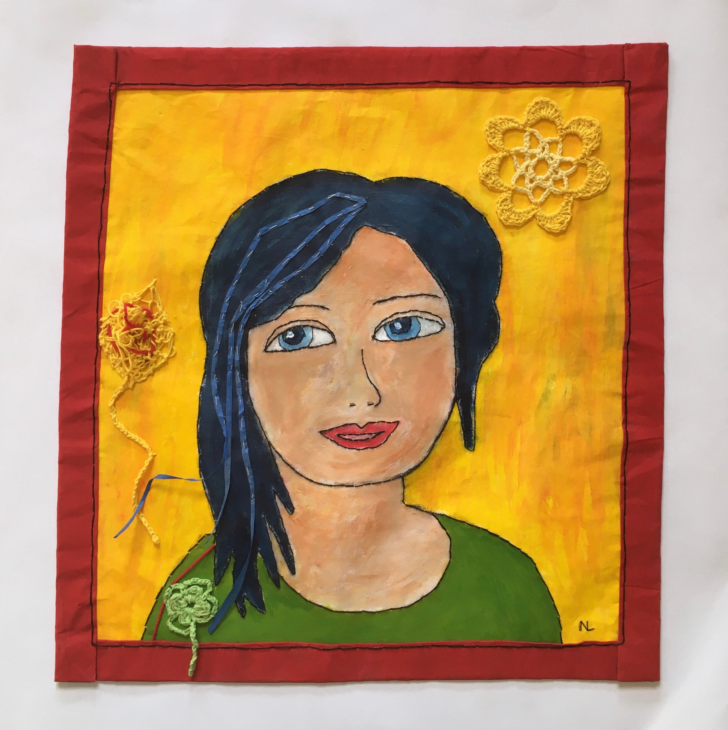 Dame en Jaune, Tenture Murale Colorée Faite à La Main, Peinture Acrylique Portrait Bleu Jaune Vert, 