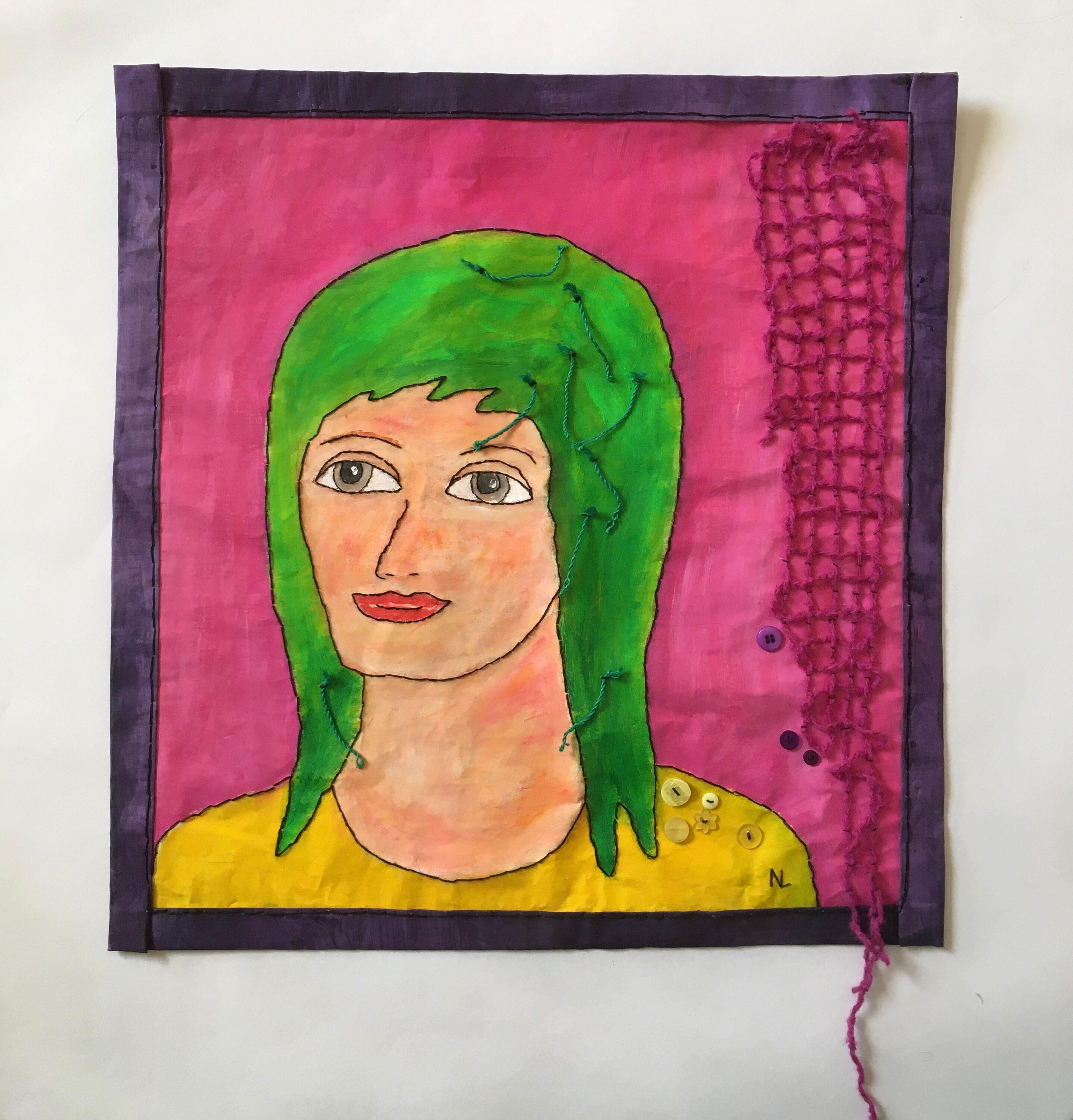 Dame en Rose, Tenture Murale Colorée Faite à La Main, Rose Jaune Vert, Portrait Peinture Acrylique, 