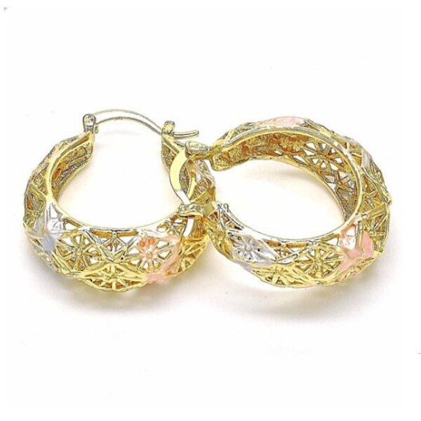 18K Gold Filled High Polish Finish Diamond Cut Fancy Filigree Hoop Earrings Textured Tri-Gold Hoop Earrings 40mm