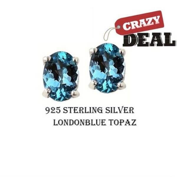 925 Sterling Silver Genuine London Blue Topaz 5X7 Oval Stud Earrings