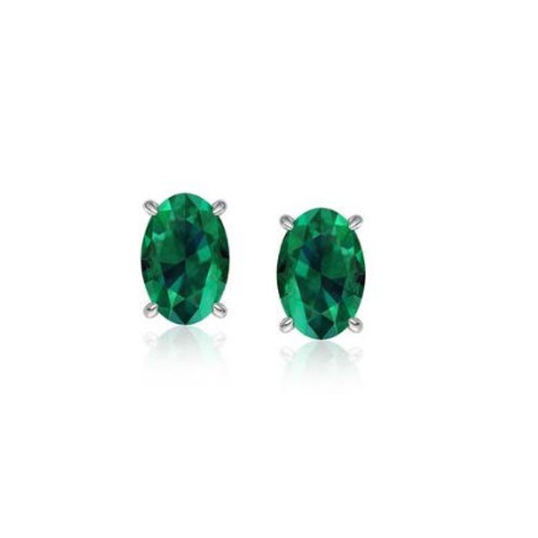 925 Sterling Silver Genuine Emerald 5X7 Oval Stud Earrings