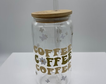 Coffee Glass Bamboo Lid and Straw, Beer Can Glass, Iced Coffee Glass, Glass Can Iced Coffee, love coffee cup, coffee addict glass cup