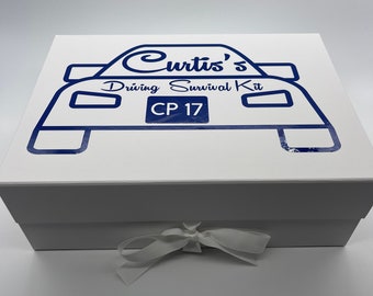 Personalised Gift Boxes With Ribbon and Magnetic Lid Vinyl | Special Occasions Luxury birthday personalised driving kit driving survival kit