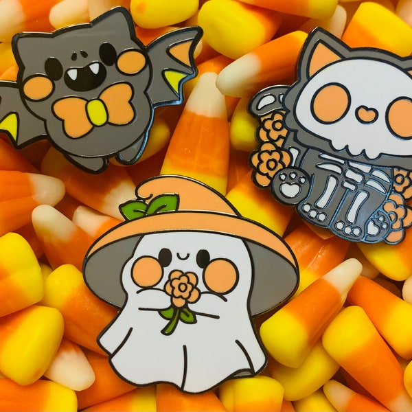 Halloween Hard Enamel Pins: Cottagecore Ghost, Skeleton Kitty, Candy Corn Bat