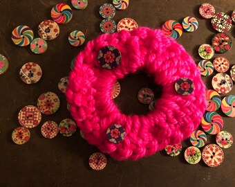 Hot pink hair scrunchy with flower decorated wood beads