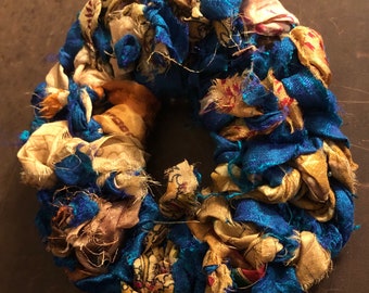 Blue and gold recycled silk hair scrunchies