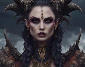May include: A woman with dark hair and horns wears a gold and blue collar with intricate designs. She has dark eye makeup and a gold and purple jeweled headpiece.