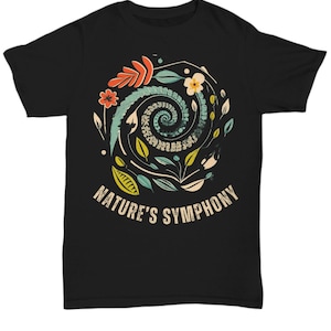 May include: Black t-shirt with a colorful floral design and the text "NATURE'S SYMPHONY" in a vintage style font.